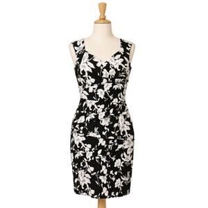 White House Black Market Floral Sheath Dress Sz 6 Black White Sweetheart Slim